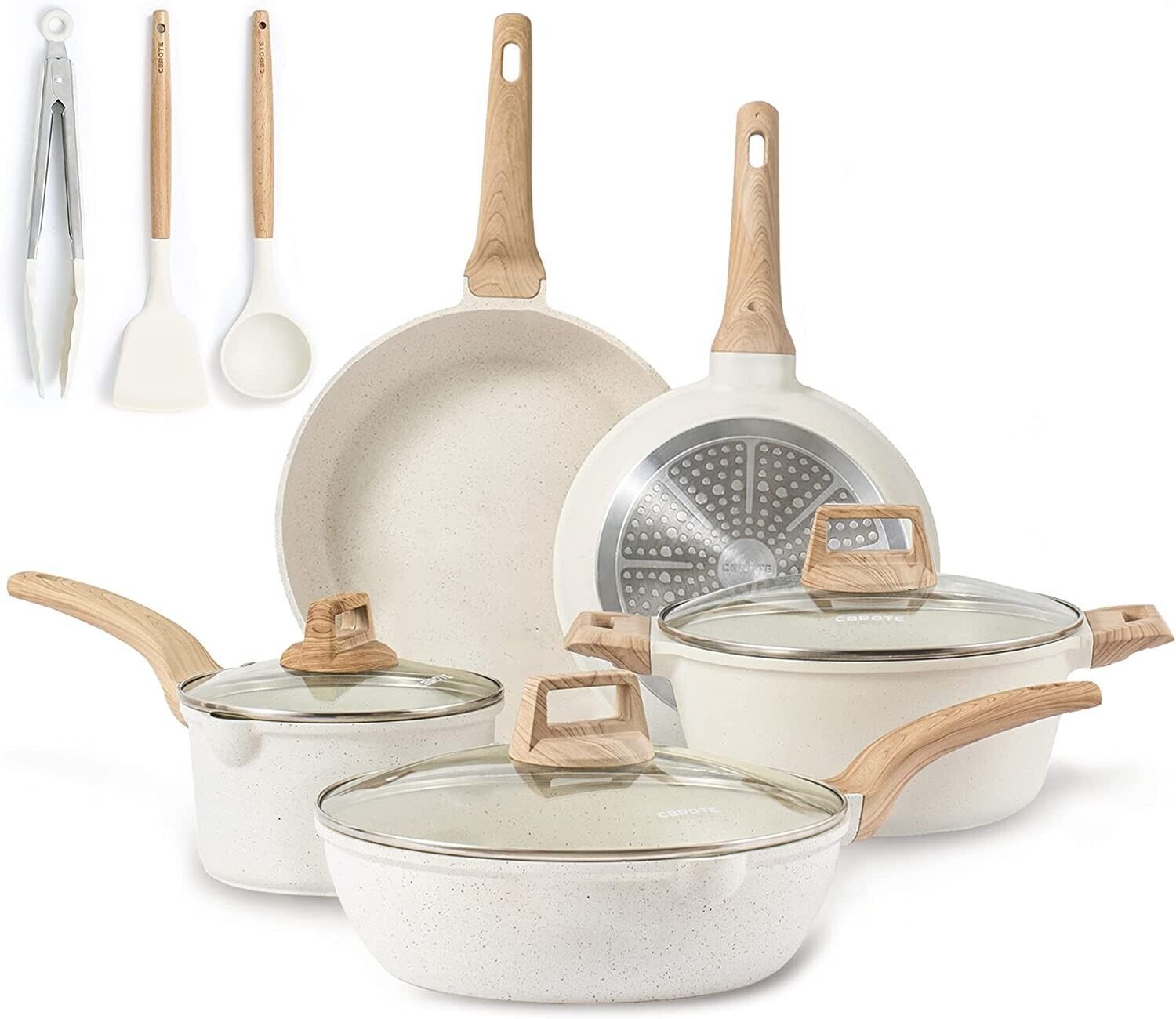 Nonstick Cookware and Pan Set, White Granite 11-Piece Nonstick Cooking Set