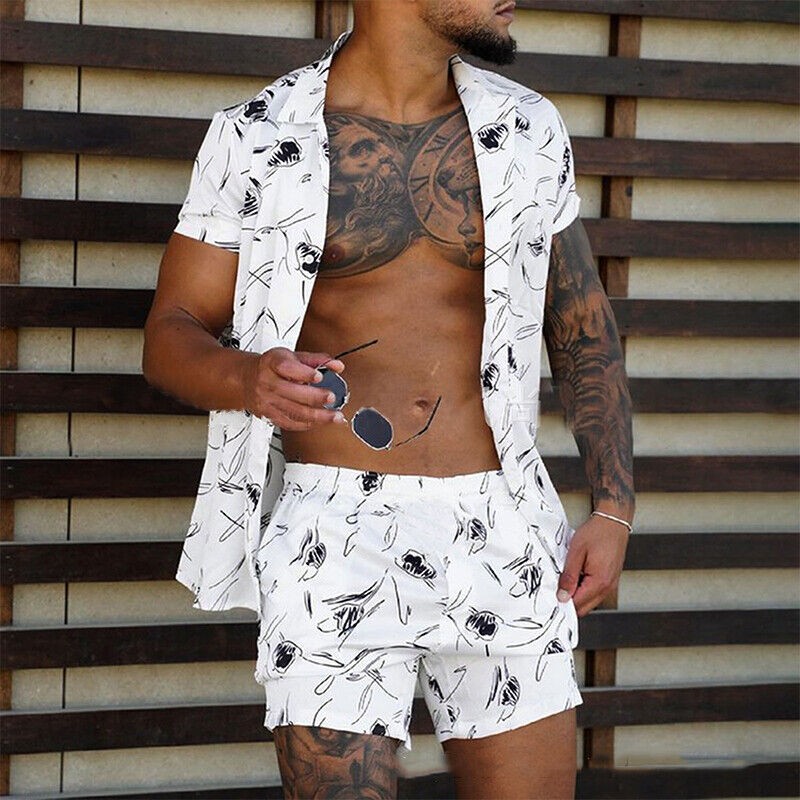 Men's Summer Hawaii Outfits Short Sleeve Shirts +Shorts Casual Beach 2Pcs Sets